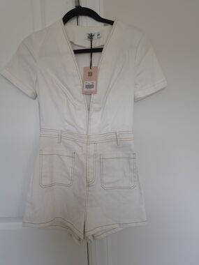 Tiger Mist White Short Sleeve Romper with Contrast Stitching